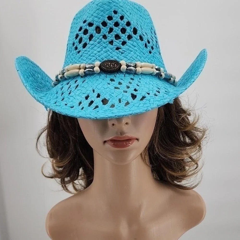 Turquoise Straw Cowboy Hat with Beaded Band Western Cowgirl NWT